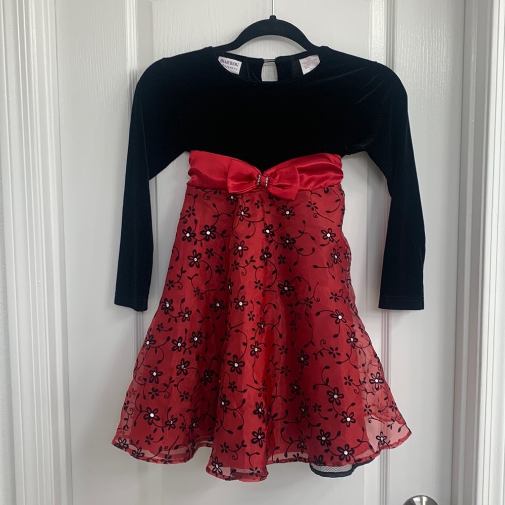 Red and black girls dress with floral & sequin details